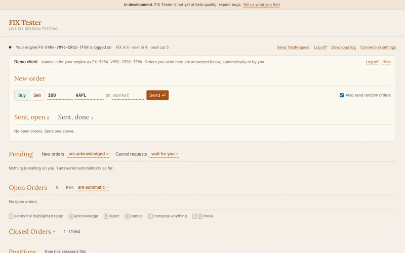 Screenshot of FIX Tester